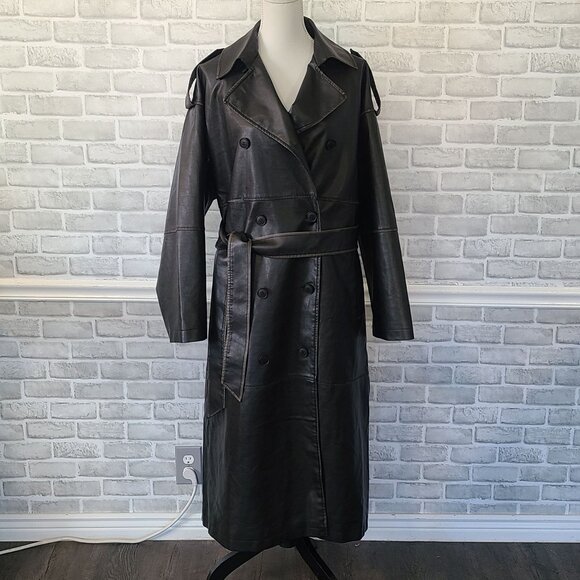 Topshop Black Faux Leather Trench Coat Womens 12 Classic Quiet Luxury Old Money - Picture 1 of 10